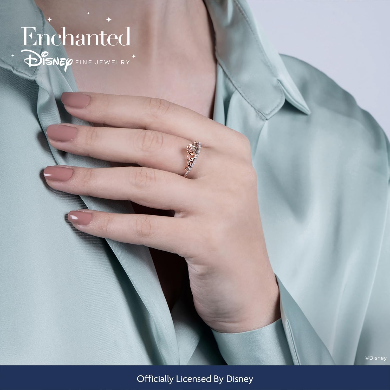 Jewelili Enchanted Disney Fine Jewelry 14K Rose Gold over Sterling Silver with 1/10cttw Diamonds Belle Rose Ring.