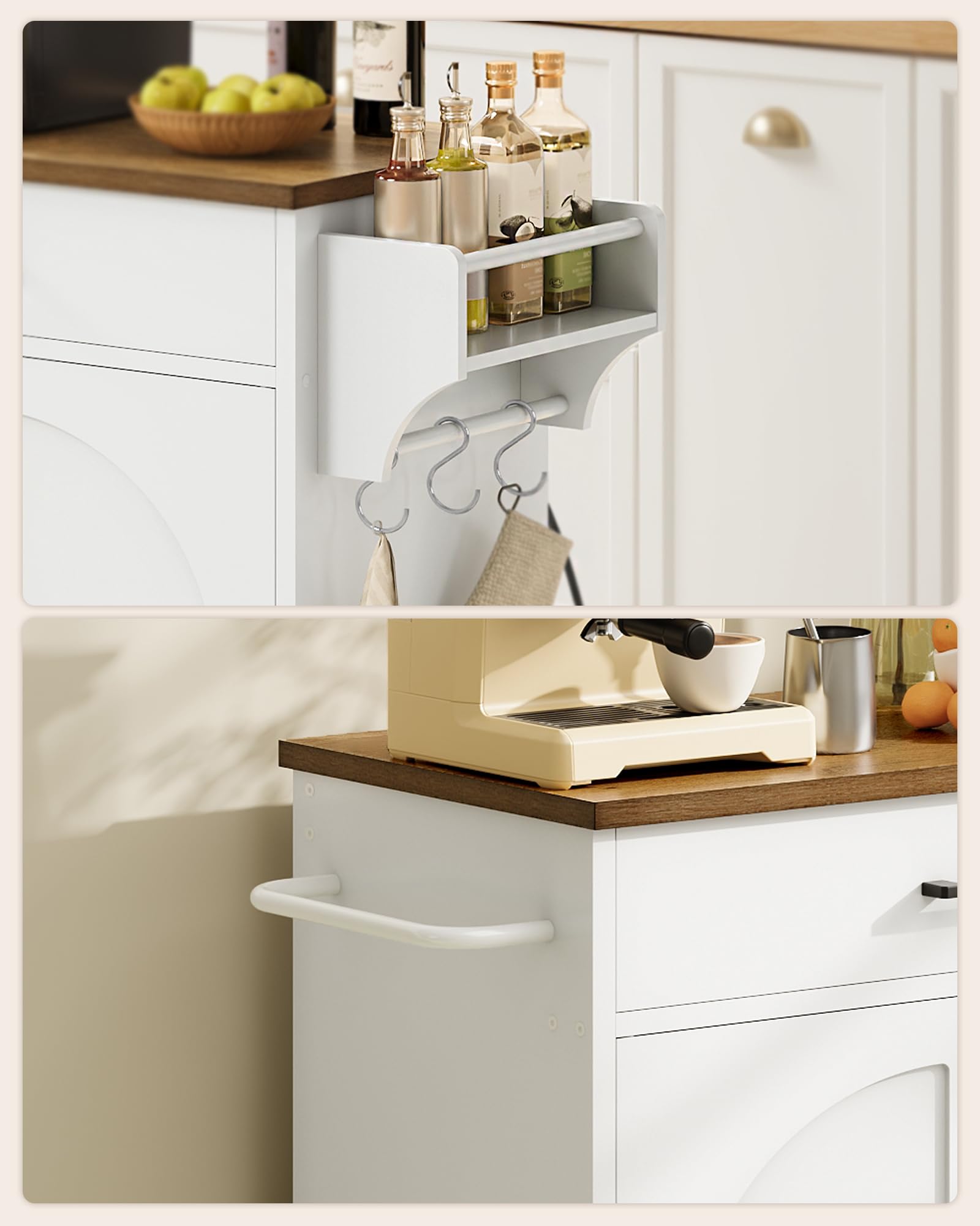 CHOEZON Isola da Cucina Mobile Stile Rustico, Mobile da Cucina con Rotelle con Contenitore, Carrello di Servizio con Cassetto e Ganci, Ripiano Porta Spezie, Bianco e Marrone Noce DMZD05WL