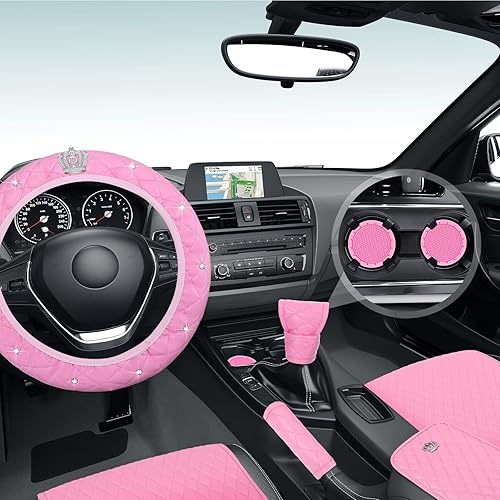 Miniatura 5 de Tallew - Juego de accesorios rosas para automóvil, fundas para el asiento, volante y reposacabezas con almohadilla, portavasos y almohadillas para