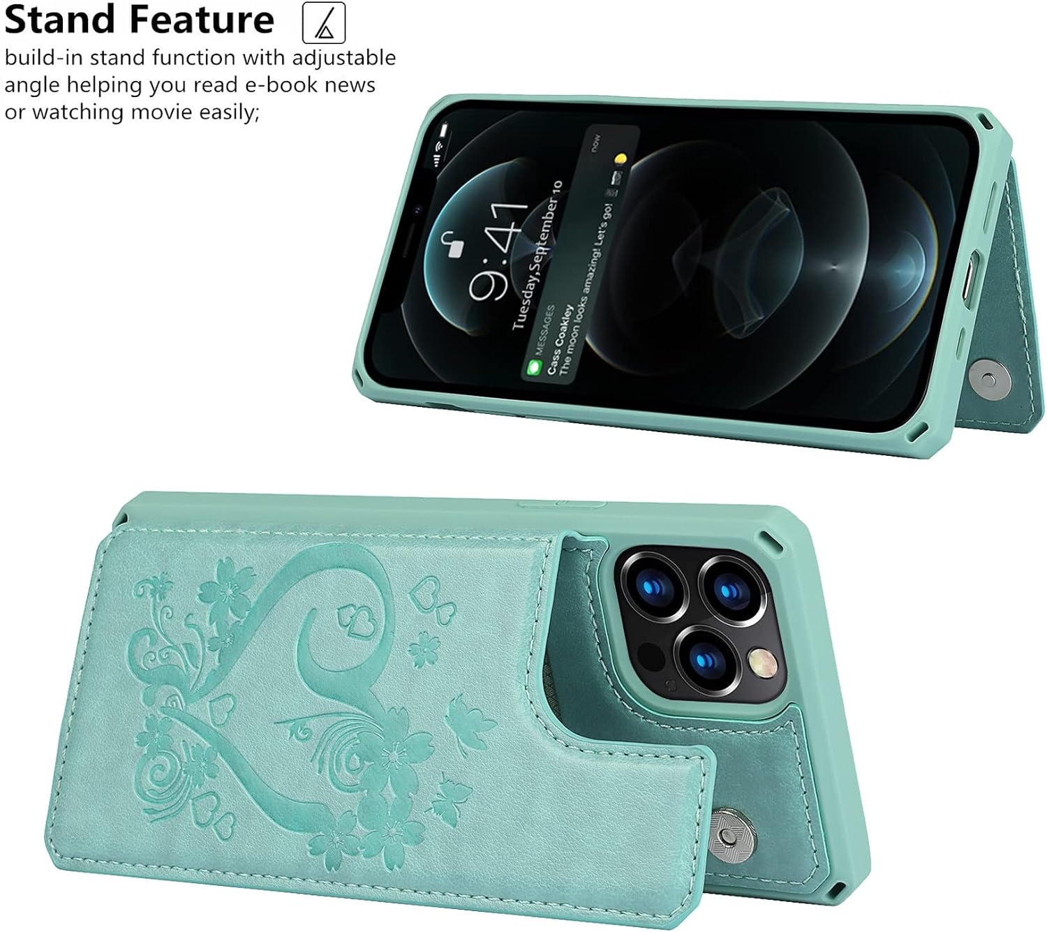 iCoverCase Phone Case for iPhone 12/iPhone 12 Pro Wallet Case with Card Holder for Women, Wrist Strap [RFID Blocking] Embossed Leather Kickstand Case for iPhone 12/12 Pro 6.1 Inch (Heart Mint)