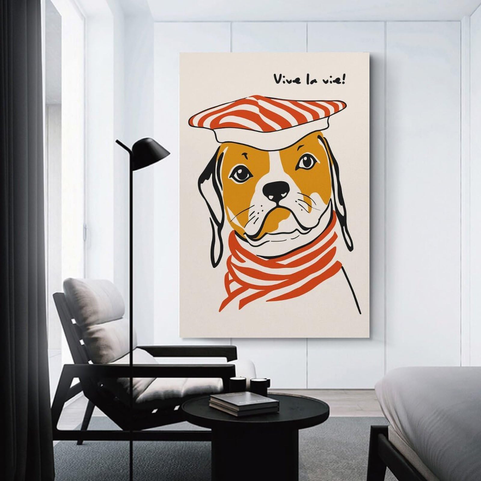 Junmoney Decorative Wall Artwork Dog with Beret - Vive La Vie!, 20x30inch(50x75cm), for Lounge, Bedroom Or Personal Spaces, Gift Idea for Housewarming And Birthdays