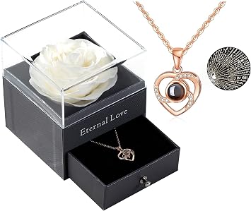 Ocosy Preserved Real White Rose with Love You Necklace in 100 Languages Gift Set, Enchanted Real Rose Flower for Valentines Day Anniversary Wedding Bthday Romantic Gifts for her White
