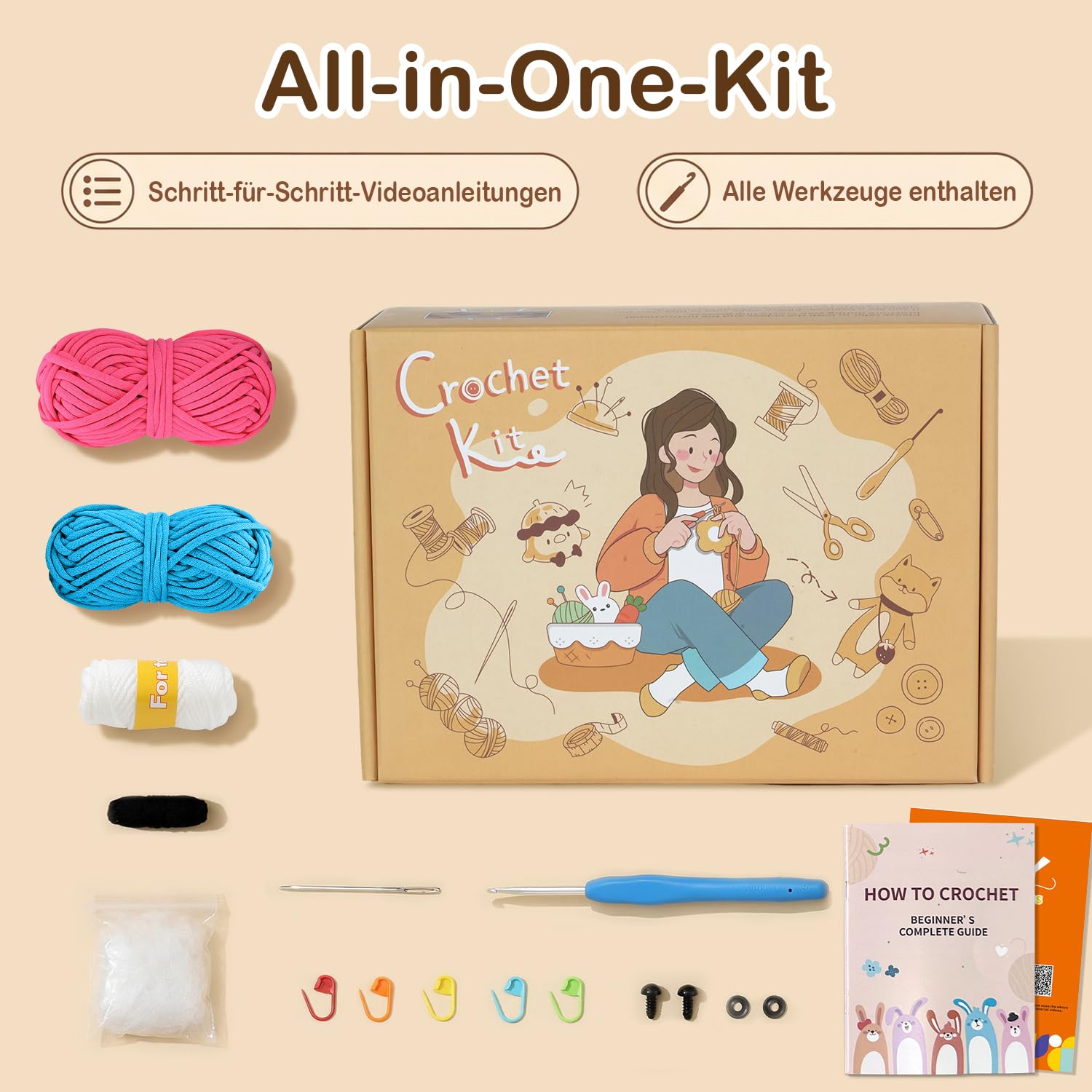 Häkelkit für Anfänger, Häkeltier-Kit mit Schritt-für-Schritt-Video-Tutorials, Easy Garn und 20% Extra-Übungsgarn-Cut-Tintenfisch