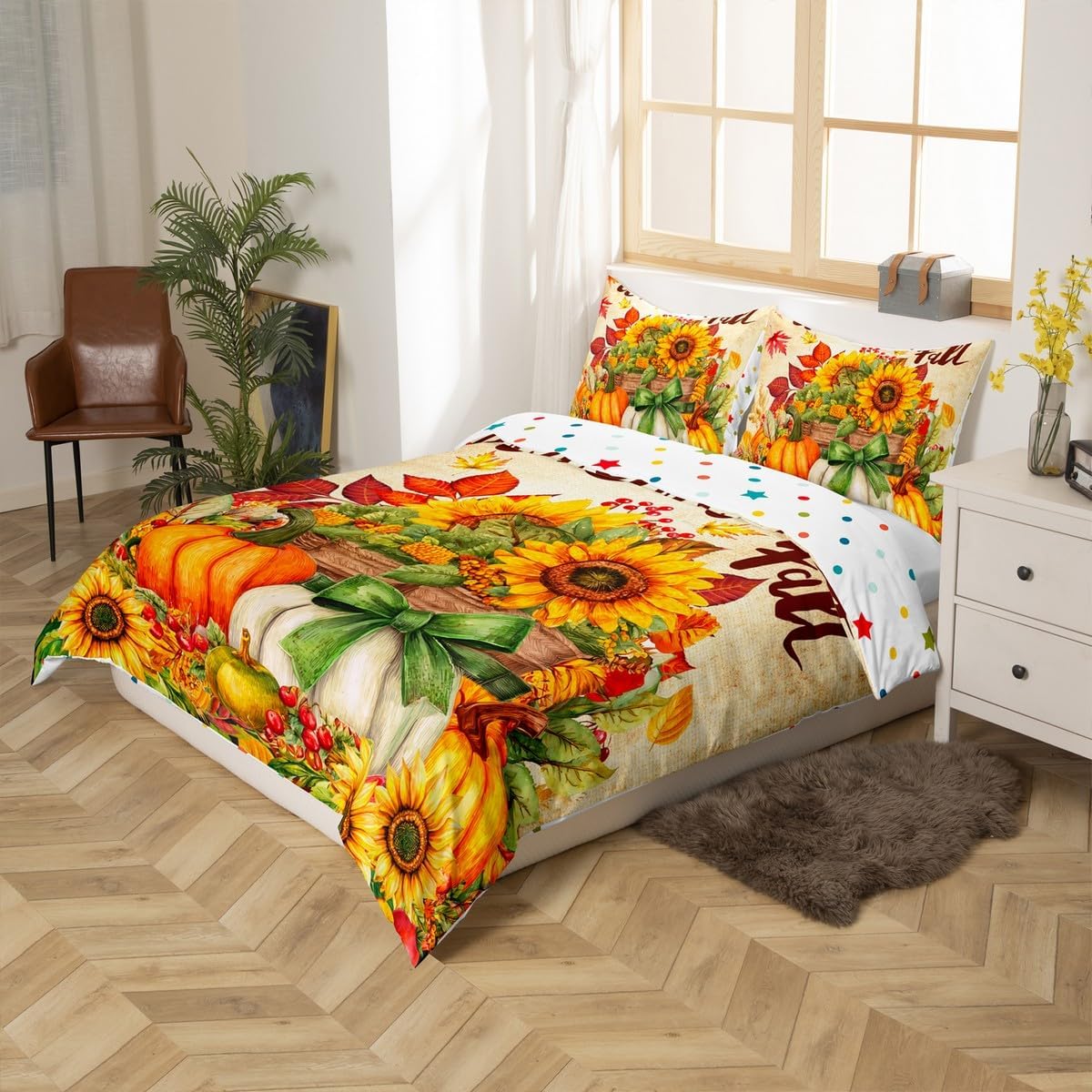 Fall Pumpkin Duvet Cover Set Queen Size,Sunflowers Crops Maple Leaves Bedding Set,Kids Boys Girls Adults Cabin Decor,Thanksgiving Day Autumn Comforter Cover,Rustic Farmhouse Quilt Cover,2 Pillowcases