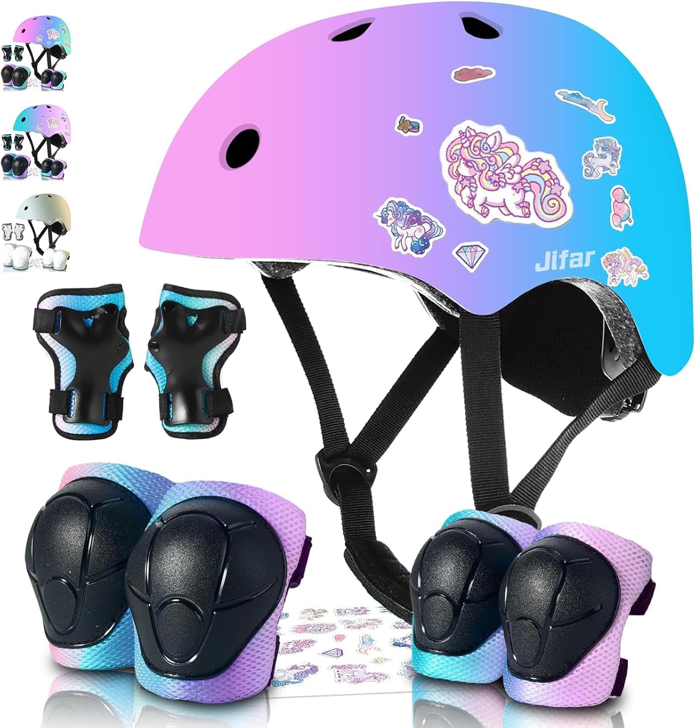 Sticker Adjustable Color Gradient Bike Kids Toddler Helmet and Pads for Kids 3-5-8-14 Girls Child Skateboard Helmet with Knee Pad Elbow Pads Guards,Riding Scooter Roller Inline skatings Longboard