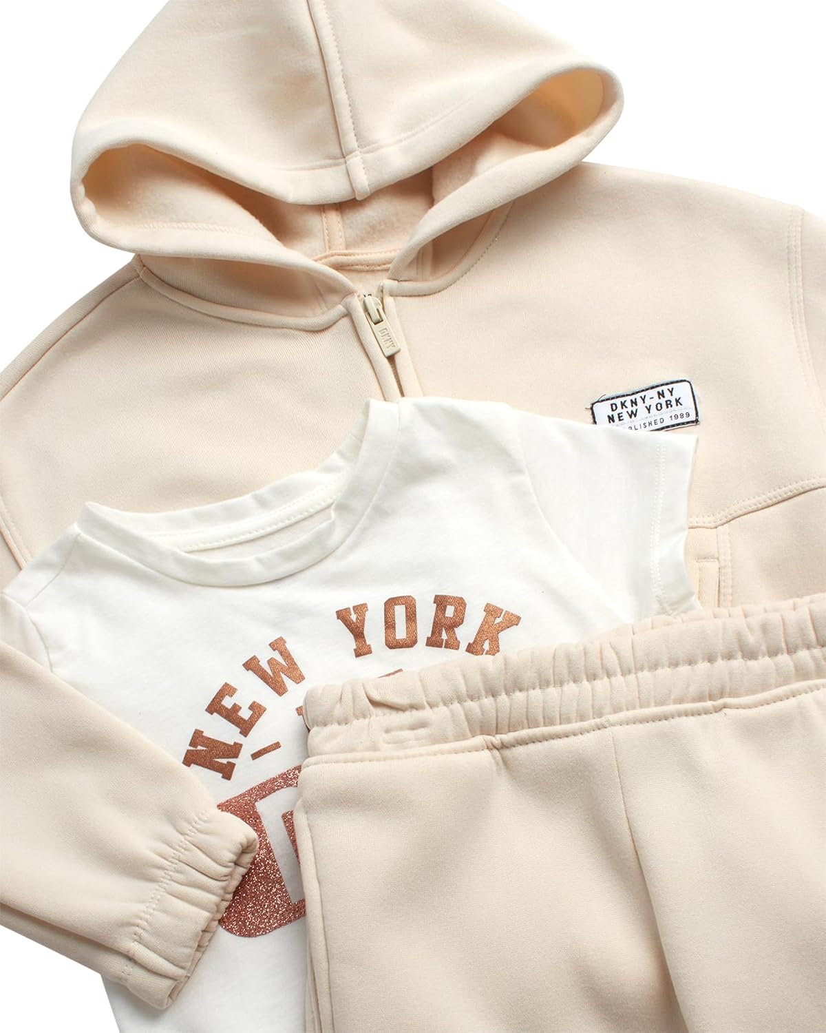 DKNY Toddler Girls Pants Set - 3 Piece Girls Sweatsuit Set with Fleece Zip Up Hoodie, Jogger Sweatpants & Graphic Tee Shirt - Image 2