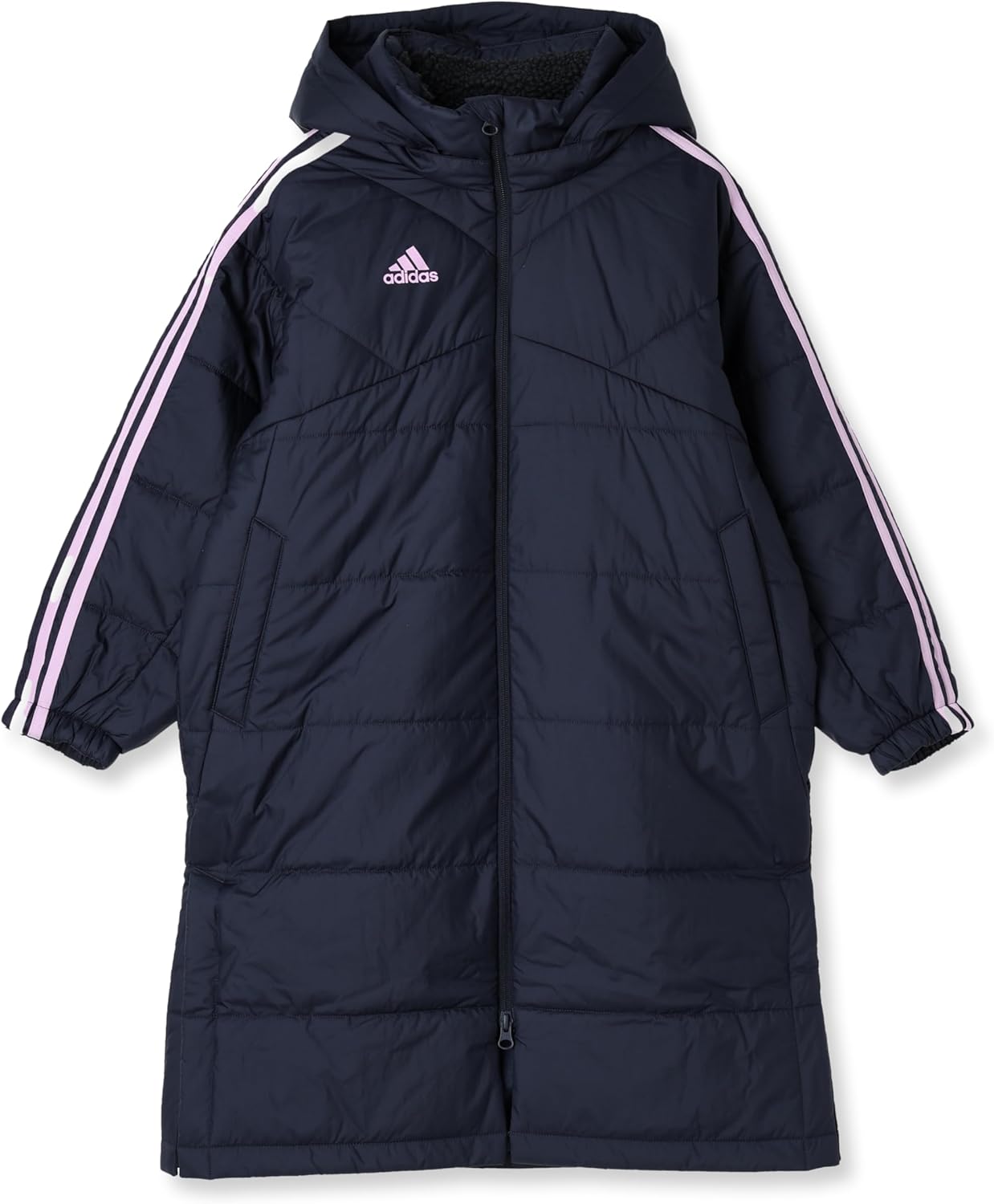 adidas】ベンチコート ワンポイントロゴ刺繍 3本ライン メンズS 黒 超