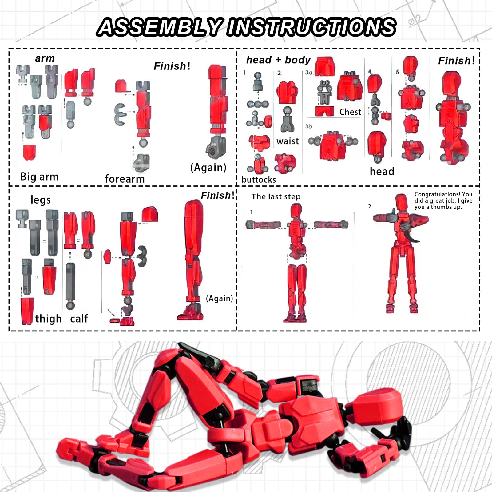 Azxndy 3D Printed Moveable Joints Robot,Finger Exercising Toys Assembly Set,Multi Joint Movable Model,Full Body Mechanical Movable Toy,Movie Character Desktop Decoration for Game Lovers (red) - Image 3