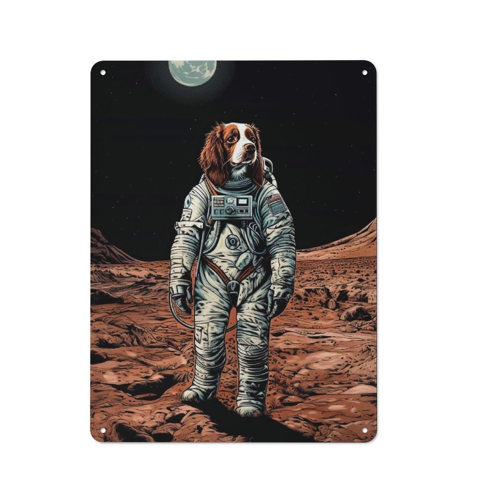 Junmoney Style-10 Brittany Spaniel On Mars Rustic Metal Sign 40X30cm For Café Or Restaurant, Suited To Café Owners And Decorators