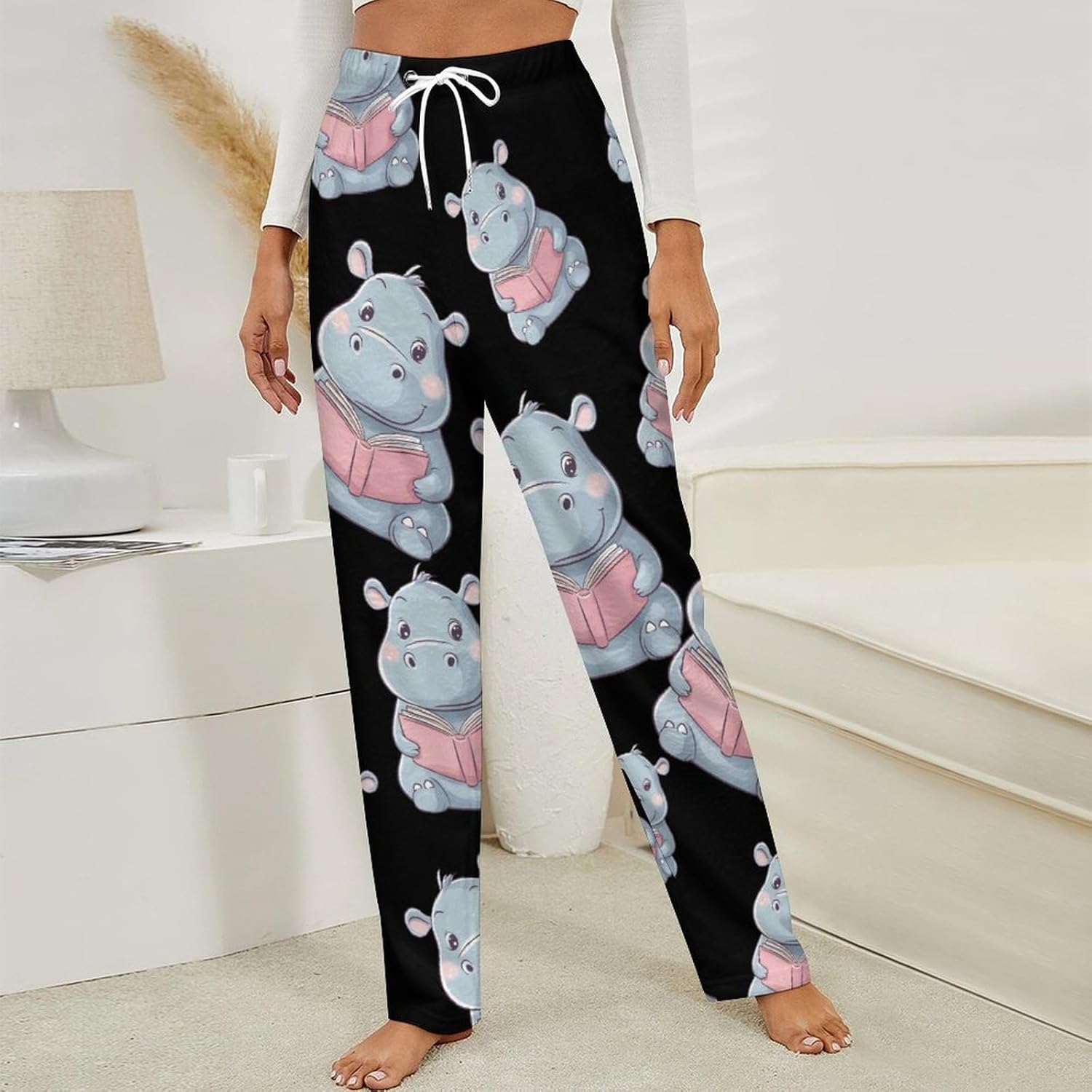 Hippo Reads Flannel Pajama Pants Women Soft Fleece Sleep Pj Lounge Bottoms