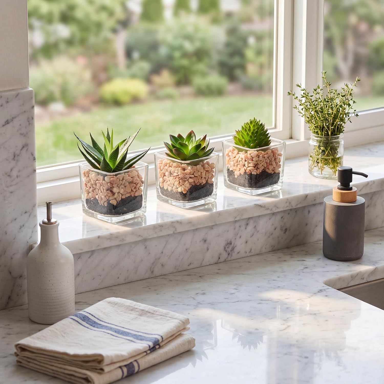 Briful Set of 3 Succulents Plants Artificial in Glass Pots Small Fake Succulents Plants Faux Plants Indoor for Home Office Table Desk Shelf Room Decor image 4