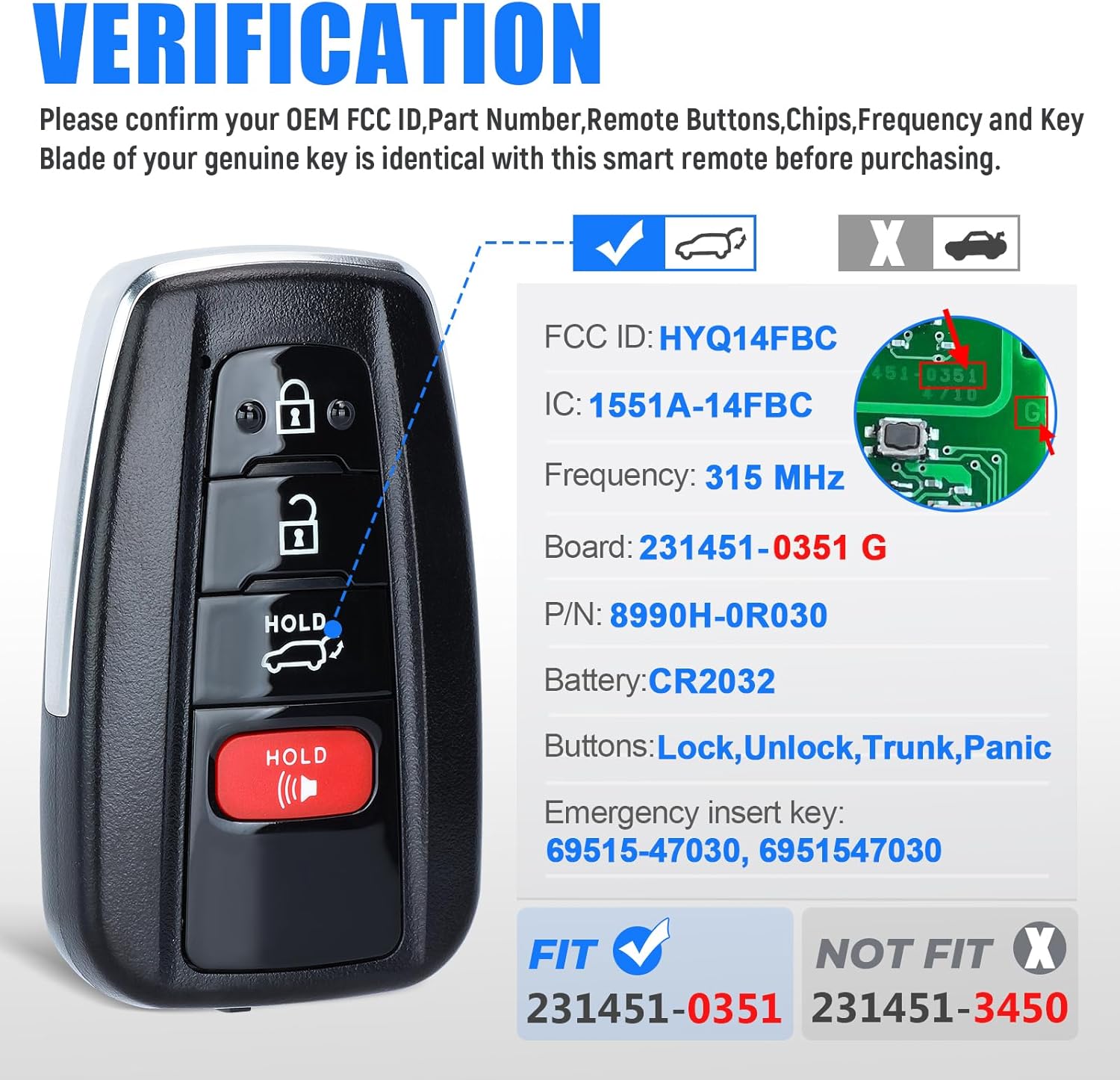 Key Fob Smart Transmitter Keyless Entry Remote Replacement for Toyota RAV4 2019 2020 2021 231451-0351 G Board HYQ14FBC 8990H-0R030 4 Buttons