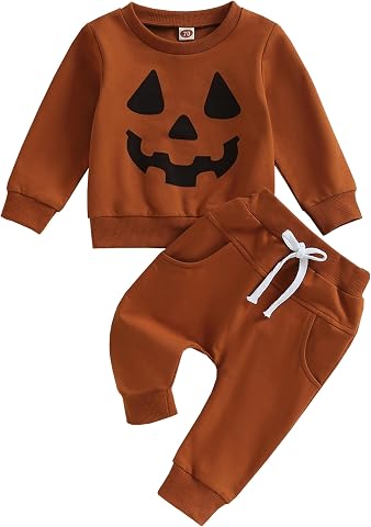 ASUNYKID Baby and Toddler Pumpkin Halloween Sweatshirt and Pants Set
