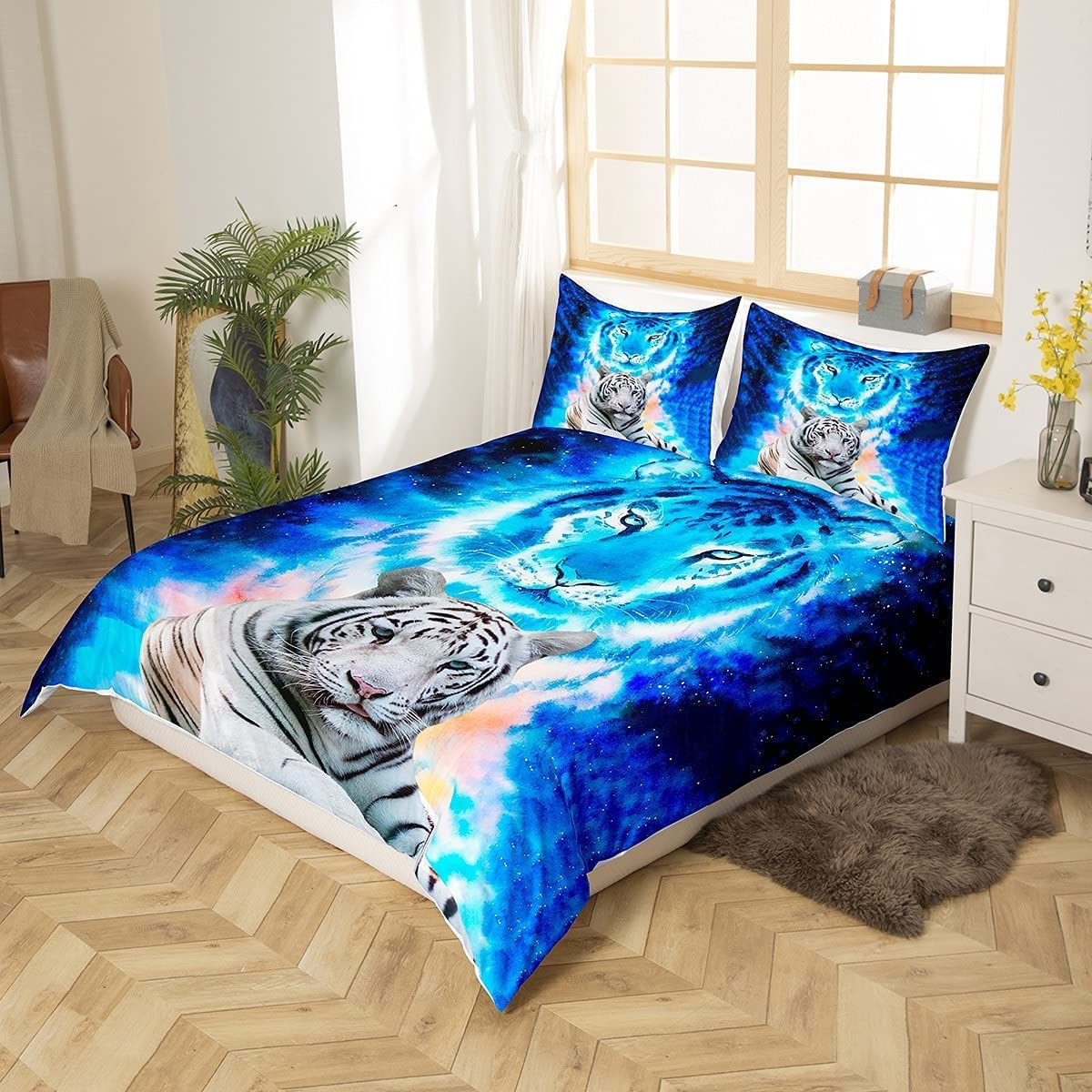 Homemissing Tiger Duvet Cover Wild Animal Bedding & Linen Blue Galaxy Bedding Set For Kids Wildlife Safari Cat Bedding & Linen Ultra Soft Single Size Bedclothes Zipper - Image 2
