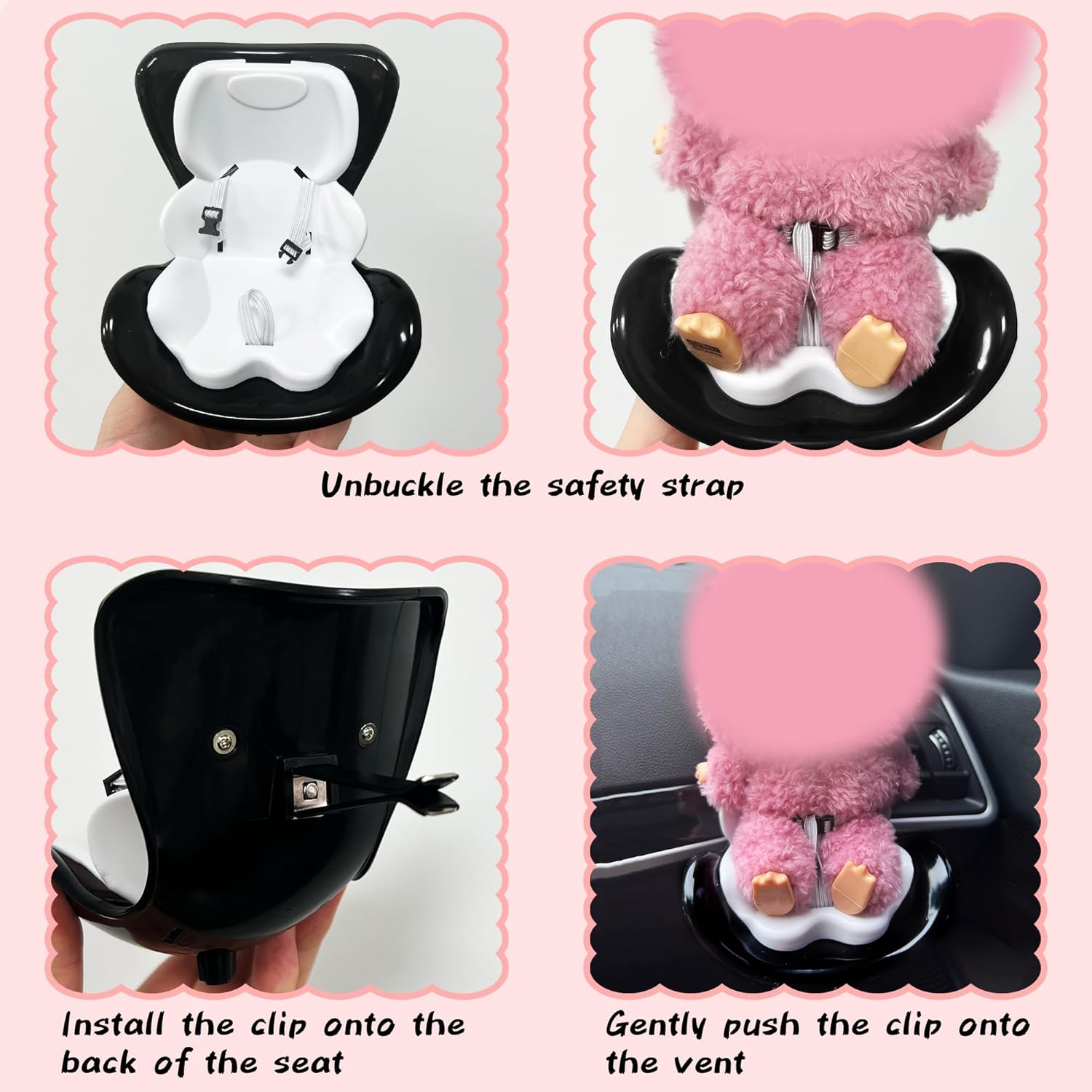 Black Double-Seat Car Seat for 10-17cm Dolls, Miniature Air Vent Clip Seat for Car, Cute Car Ornaments for Doll Display