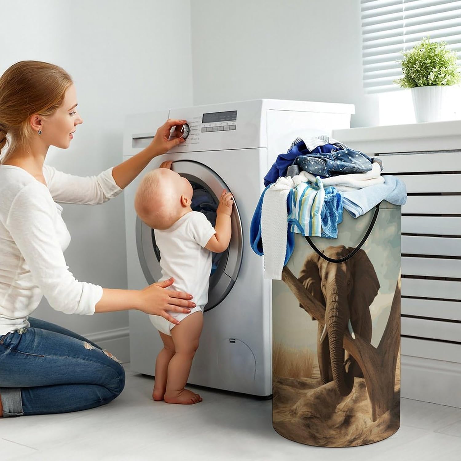 Large Laundry Hamper with Handles Resting Elephant Laundry Basket Freestanding Waterproof Clothes Hamper for Living Room Bedroom Bathroom College Dorm