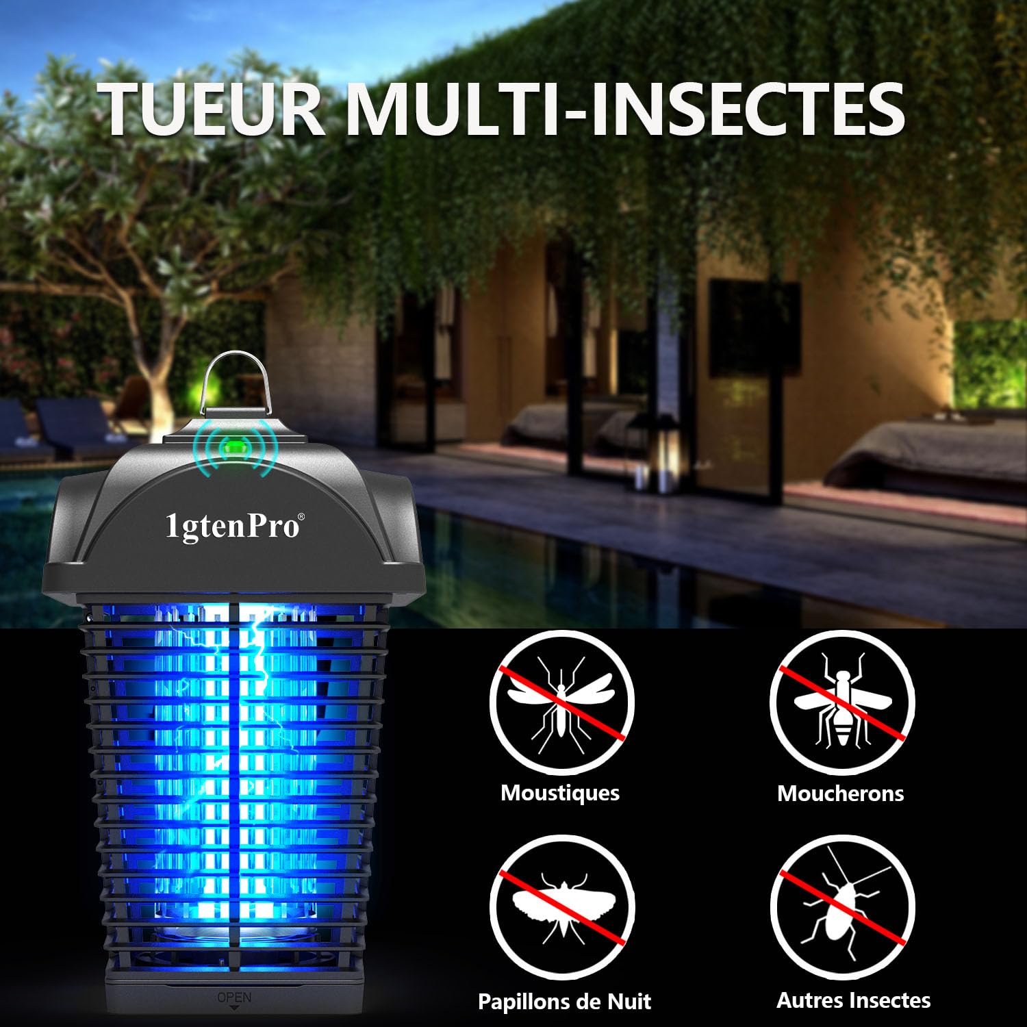 Mata Mosquitos Electrico,20W 4000V Lámpara Antimosquitos,UV Lampara Mosquitos, IPX4 Impermeable,Mata Insectos Area Efectiva 100m² para Interior y Exterior
