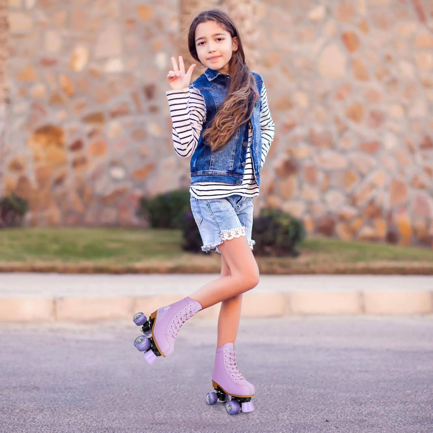 YYW Roller Skates for Girls and Women, Fantastic Pink Purple PU Leather Light Up Kids Youth Roller Skates, Indoor Outdoor