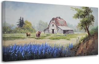 Arjun Farmhouse Canvas Wall Art Farm Highland Cow Landscape Picture Rustic Countryside Barn Painting Village Nature Artwork Large 40"x20" Framed for Living Room Bedroom Bathroom Home Office Wall Decor