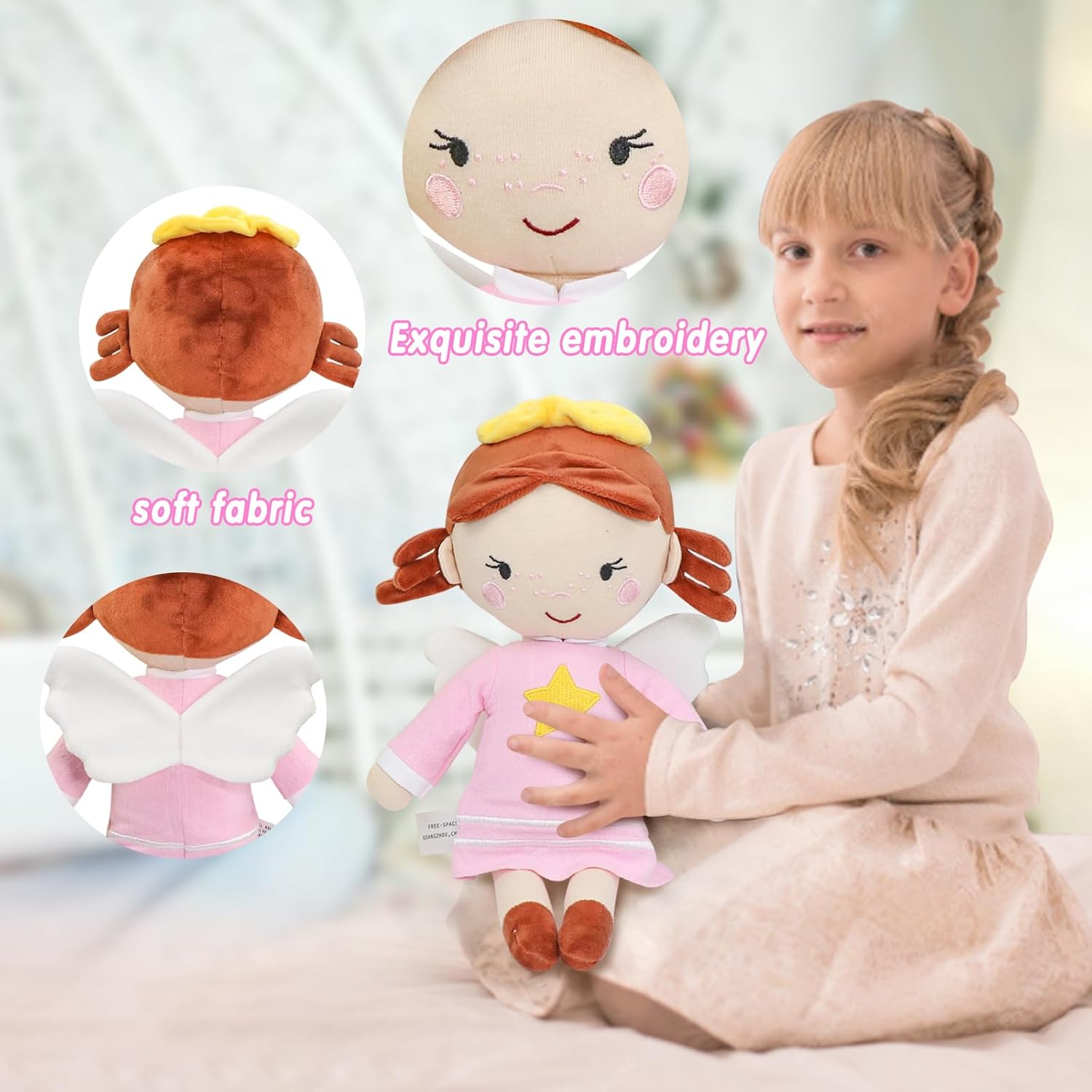free-space Angel Doll for Girl Baptism Gifts Stuffed Plush Toy Sunday School Religious for Kids 12 inch (Pink) - Image 3