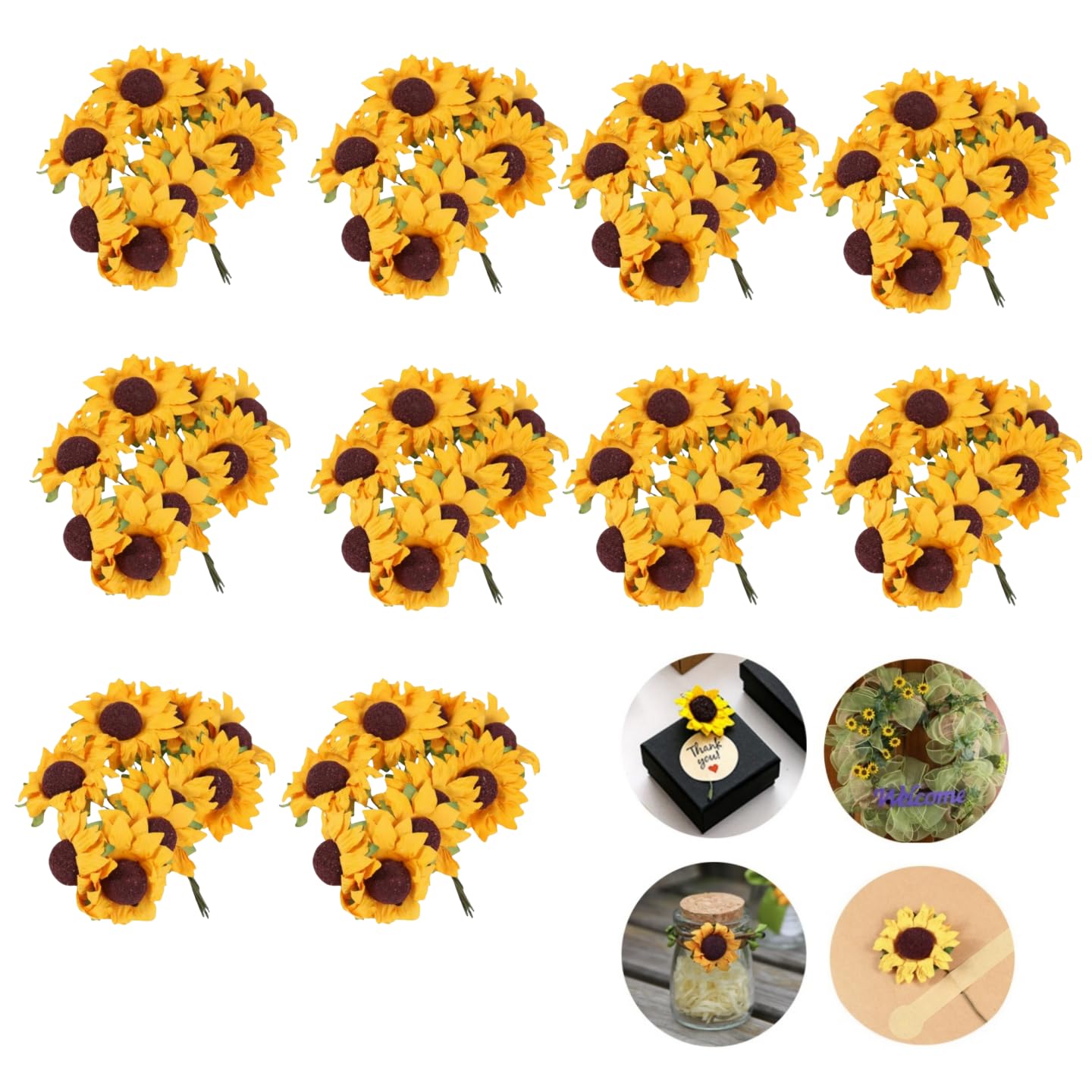Mini girasoles amarillos oscuros de 1.2 pulgadas con cuerda de cáñamo para manualidades de tela