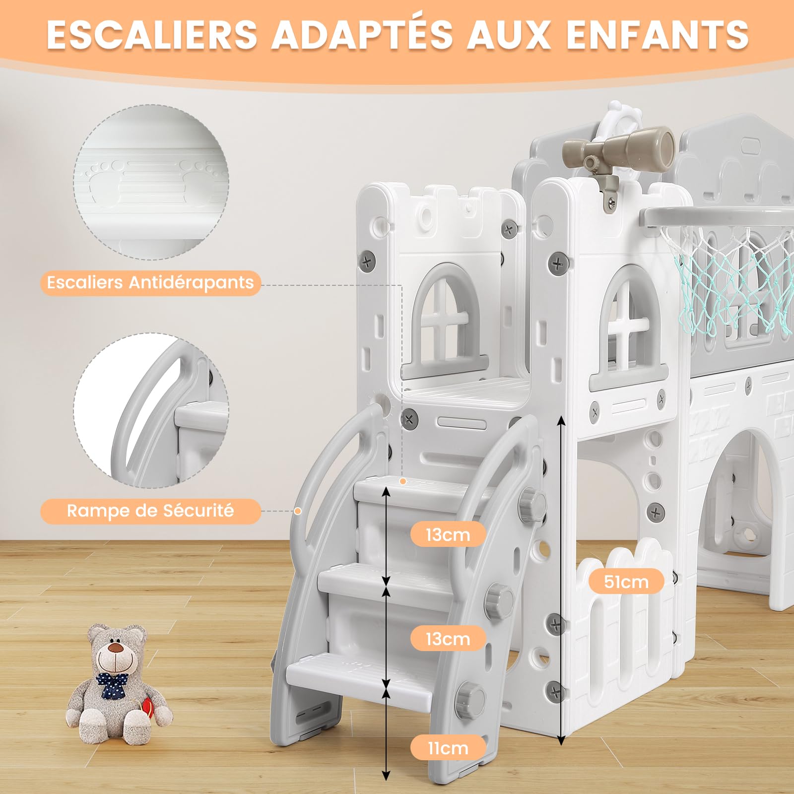 Tobogán Infantil 8 en 1 con Cesta de Baloncesto, Toboganes Infantiles Exteriores y Interiores con Escalera de Escalada, Telescopio y Túnel de Juego, Espacio de Almacenamiento, 1+ (Gris)