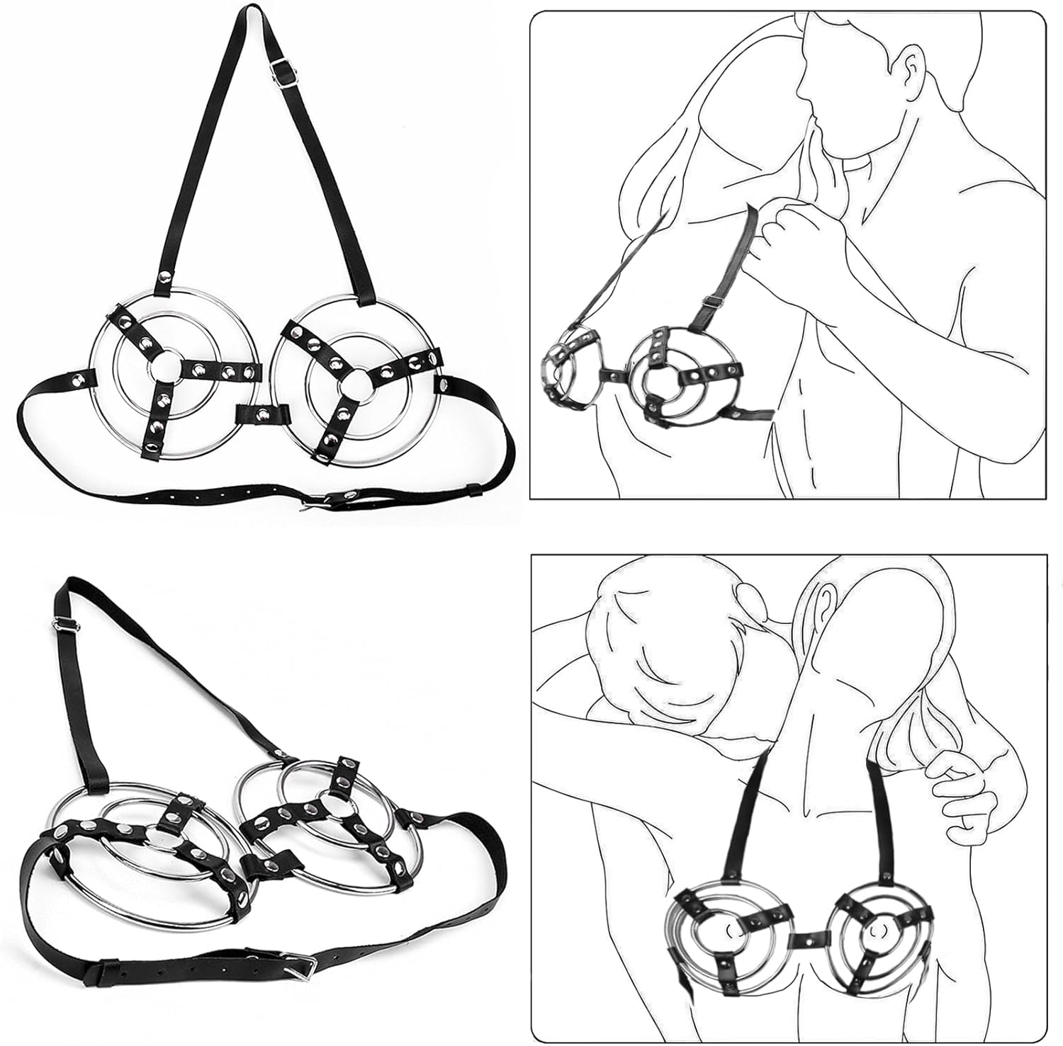 Women Leather Bondage Bra, Metal Bra Restraints Sex Harness Chest, Body Restraint Set Chest Lingerie, Binding Bra Cage Straps Steel Ring, Fetish Bondage Clothing Female Erotic Sex Toy