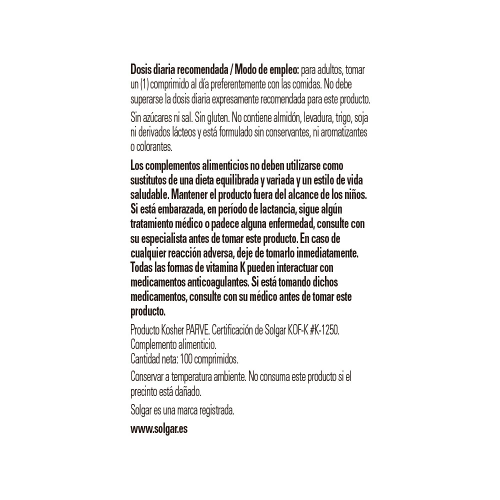 Solgar Vitamina K1 100 µg, Huesos Sanos Y Coagulación, Fitonadiona Comprimidos 100 Unidad