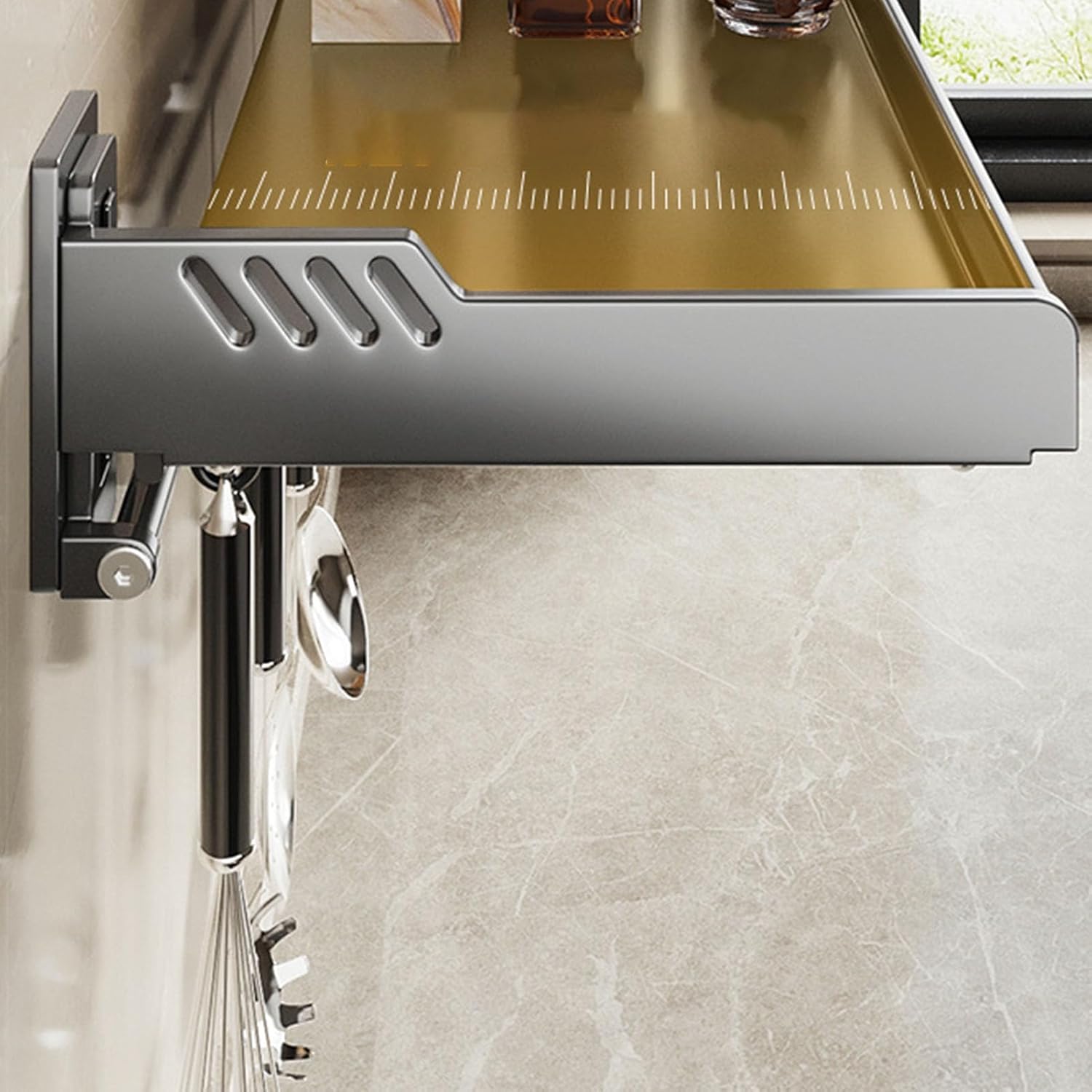 Wall Mount Kitchen Rack, Carbon Steel Floating Shelf Kitchen Storage Organizer for Bottles and Utensils, No Drilling 30x20cm