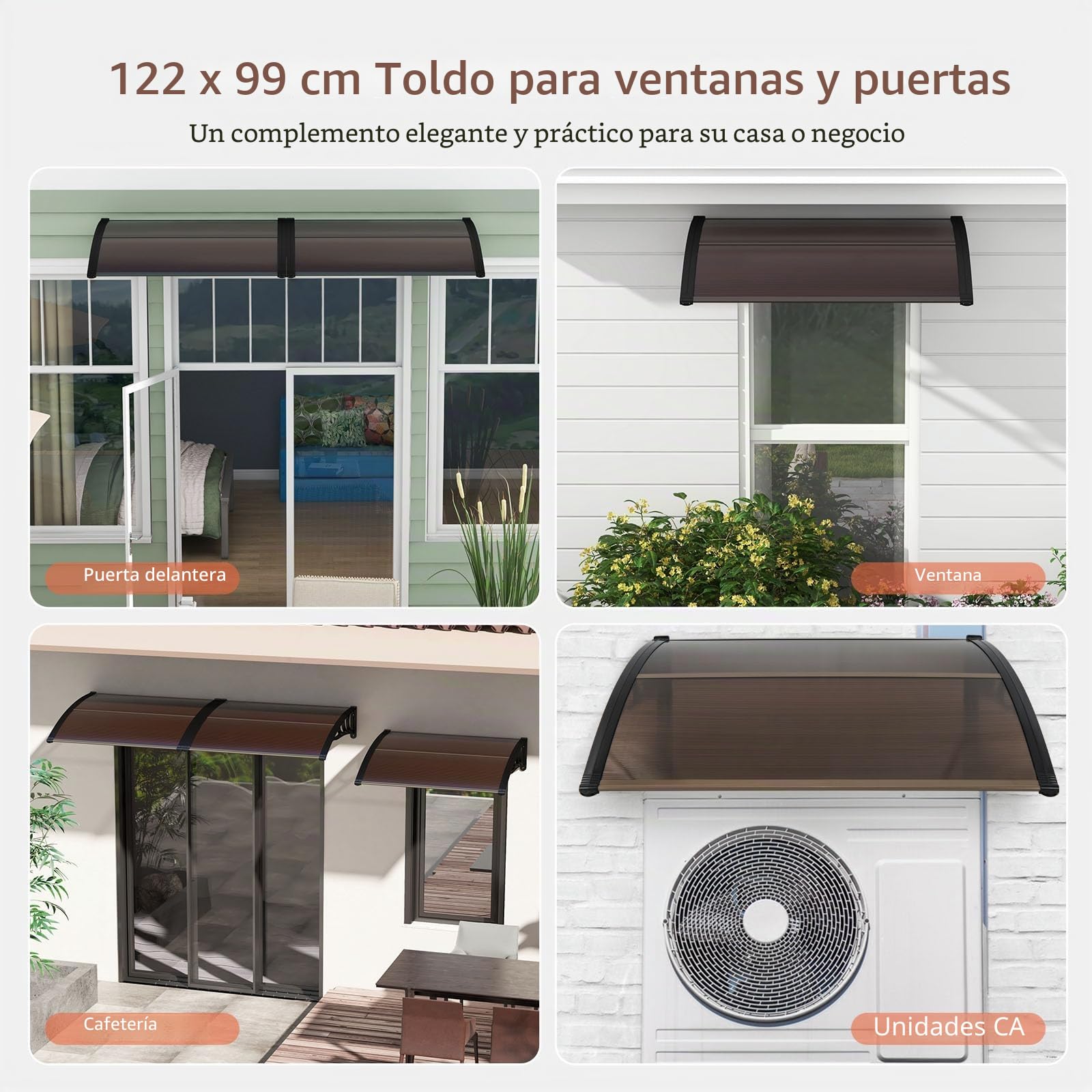 RELAX4LIFE Marquesina Puerta Exterior 122x99cm, Marquesina Policarbonato de ABS+PVC con Marco Aluminio, Toldo para Protección contra Sol, Lluvia y Viento, Toldo para Hogar, Tiendas, Cafeterías (Café)