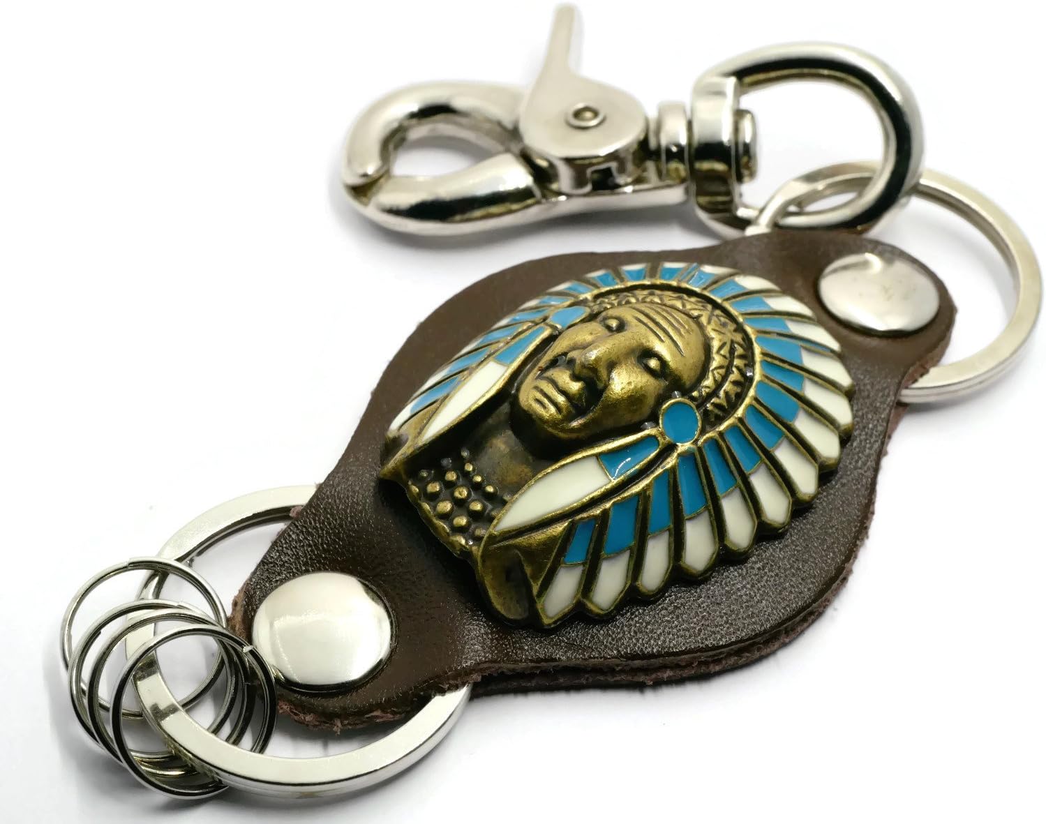 BrownBeans, Native Americans Indian Southwestern Mens Belt Loop Hook Leather Keychain Ring Holder (BBKC19001) (A02)