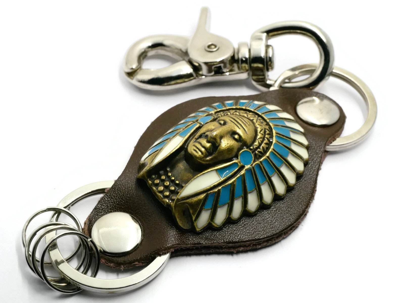 BrownBeans, Native Americans Indian Southwestern Mens Belt Loop Hook Leather Keychain Ring Holder (BBKC19001) (A02)