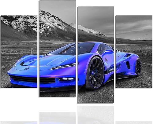 Meigan Art - Póster de pared en blanco y negro, 4 piezas, diseño de automóvil deportivo azul, lienzo grande para habitación de niños, dormitorio,