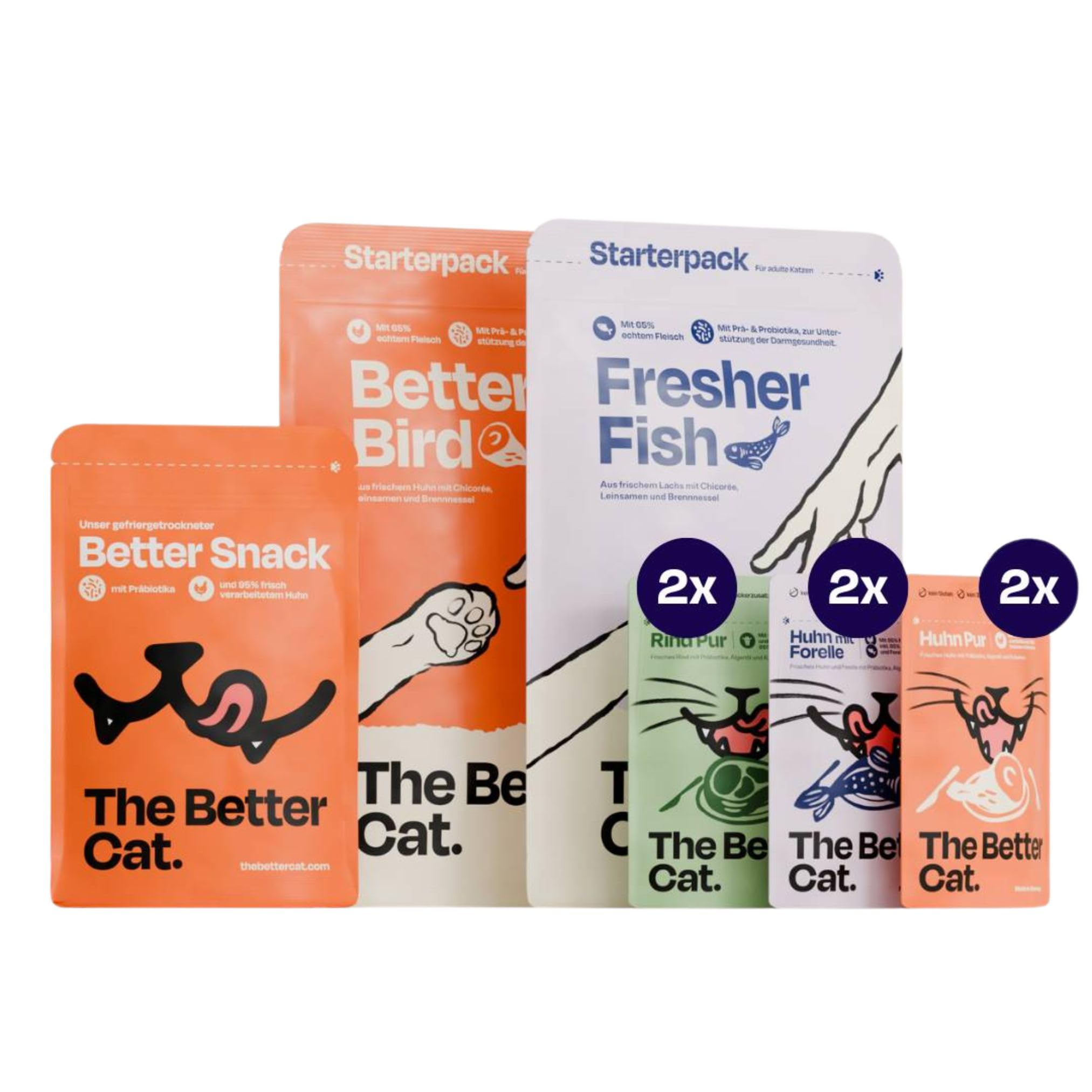 The Better Cat Maxi Probier Pack mit getreidefreiem Nassfutter, Trockenfutter und gefriergetrockneten Snacks mit viel Fleisch, Präbiotika, Probiotika und Superfoods ohne Zucker