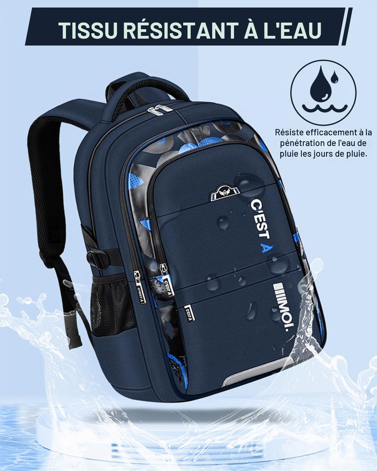 Amythe Sac Ecole pour Adolescent Enfants, Cartable Garcon Primaire Grande Capacité Loisir Sac à Dos pc Portable Imperméable, Sacs D'école Mode Idéal pour L'école et Les Voyages, Bleu foncé