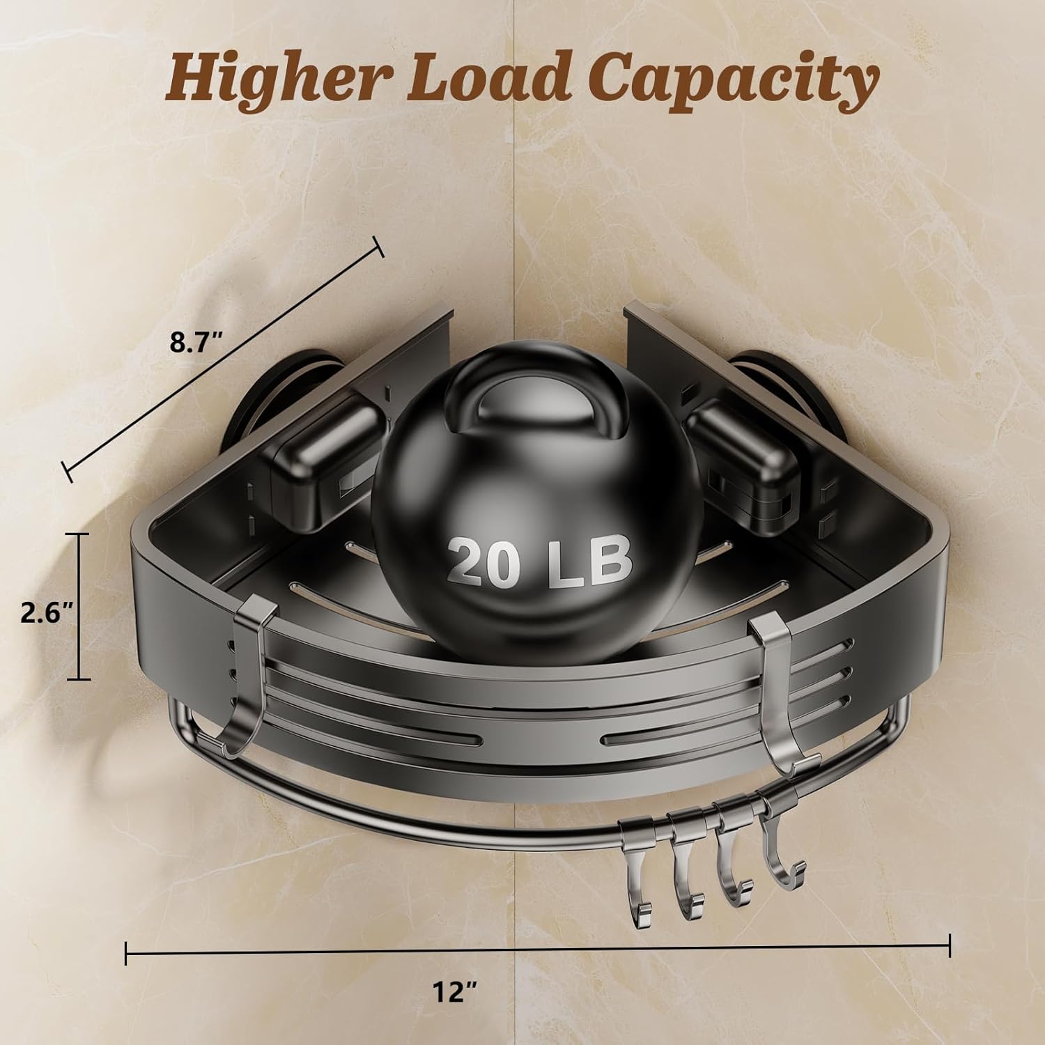 Corner Shower Caddy Suction Cup, 2 Pack Shower Shelves Corner No Drilling, Aluminum Alloy Shower Organizer Suction Cup, Removable Bathroom Storage Rack with Towel Bar & Hooks(Gray)