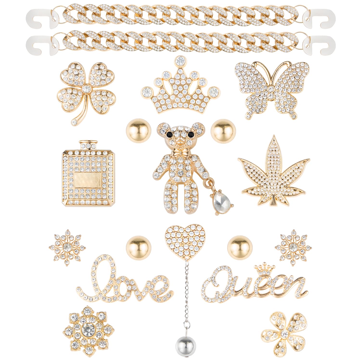 Bling Chain Decoration Charms, Luxury Rhinestone Cute Diamond Bear Love Flower Butterfly Crown Designer Jewelry Accessories for Women Girls Adults Gifts (RoseGold)