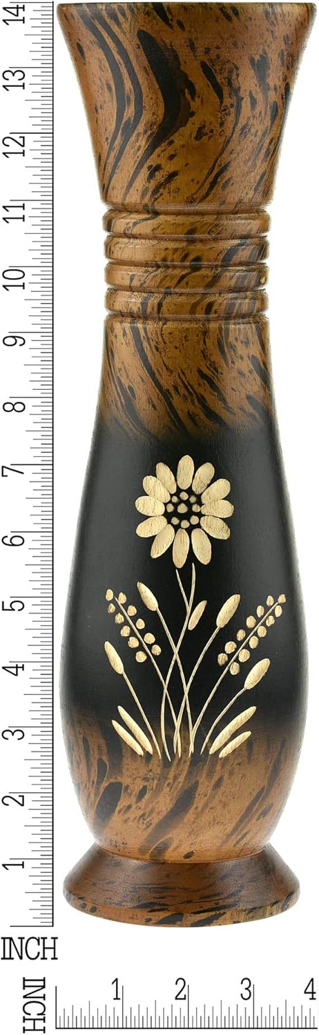 AeraVida 14-Inch Decorative Daisy Flower Mango Wood Vase | Handmade Black and Brown Wooden Trumpet Vase for Living Room Table or Office | Rustic Natural Home Decor Accent