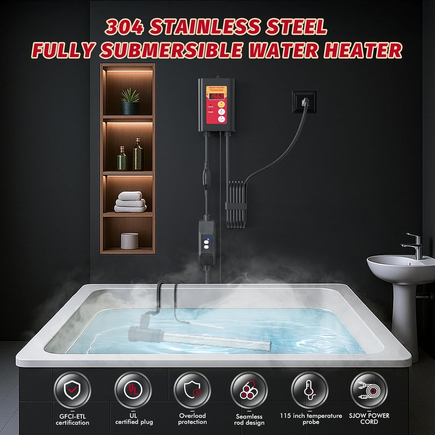 1500W Fully Submersible Water Heater for Pool, Portable Electric Hot Tub & Ground Swimming Pool Immersion Water Heater with Thermostat, GFCI Plug, for Bathtub Baptistery Bucket Stock Tank Camping (OR)