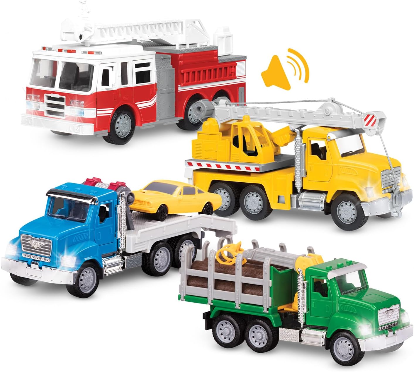 Driven by Battat – 4-Pack of 7" Toy Vehicles – Includes Street Sweeper, Garbage Truck, Police SUV, Fire Truck & Pick-Up – Durable Build, Lights & Sounds – Great Gift for Kids Ages 3+