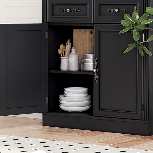 Miniatura 7 de Estantería de 71.4 x 31.5 pulgadas con cajones y gabinete, estantería de pie de 5 niveles con puertas de almacenamiento, estantes ajustables y asas