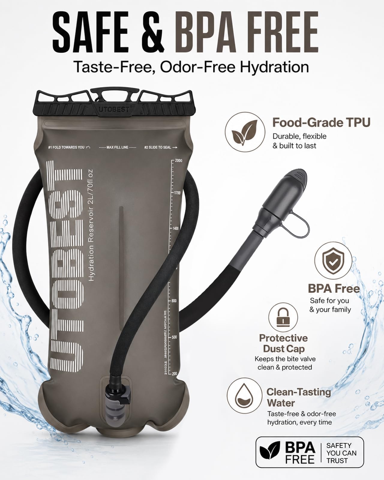 UTOBEST Vejiga de hidratación, Bolsa de Agua de 1,5 l, 2 L, 3 l, Bolsa de Agua Corporal de TPU, sin BPA, depósito de Agua a Prueba de Fugas para mochileros, Correr, Ciclismo