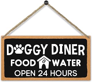 Rustic Hanging Wood Sign For Puppy Home, Doggy Dinner Food Water Open 24 Hours, Dog House Decor Wall Hanging Plaque with Rope, Front Door Decor Porch Christmas Wooden Art Gift For Pet Lover -01