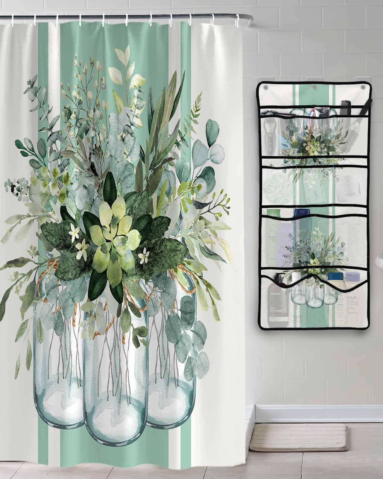 Decorative Shower Curtain Sets Eucalyptus Leaves Sage Green Fabric Waterproof Shower Curtains Spring Summer Floral Stripe Mesh Shower