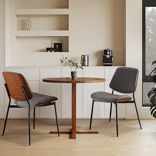 Miniatura 2 de Juego de 2 sillas de comedor modernas con respaldo de nogal y patas de metal, silla tapizada de cuero para sala de estar, color gris