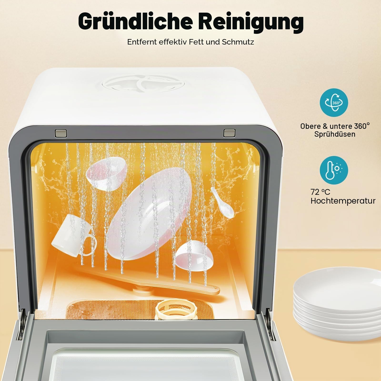 Mini Geschirrspüler, Tischgeschirrspüler 4-6 Personen, Energieeffiziente Tischspülmaschine mit 4 Programmen, Heißlufttrocknung und 72h Antibakteriell, Weiß