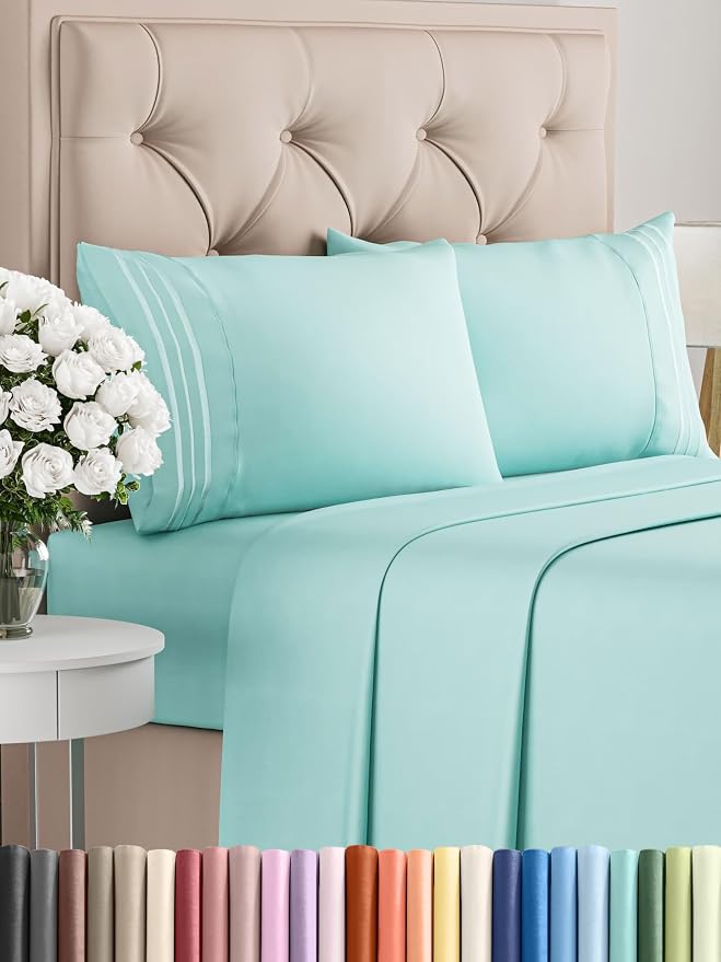 Queen Size 4 Piece Sheet Set - Comfy Breathable & Cooling Bed Sheets Set - Hotel Luxury Bedding for Women, Men, Kids, Teens, Boys & Girls - Deep Pockets, Soft & Wrinkle Free - Blue (Heathered Sheets)