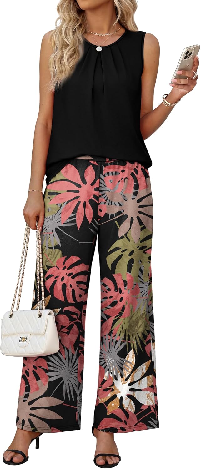 WIHOLL Two Piece Sets for Women Summer Outfits Cruise Travel Airport Beach Vacation Casual Wide Leg Pants Set