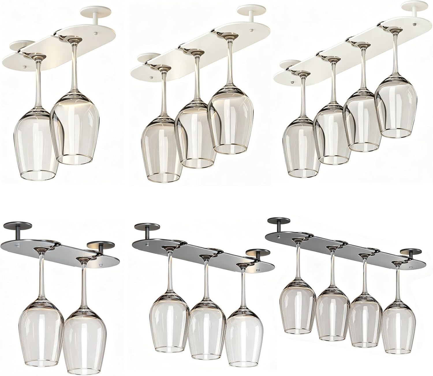 Wine Glasses Rack Organizer, 2/3/4 Cup Holders Ceiling Wine Glass Rack, No Drilling Installation, White/Gray Under Cabinet Cup Holder(White,3 Rows)