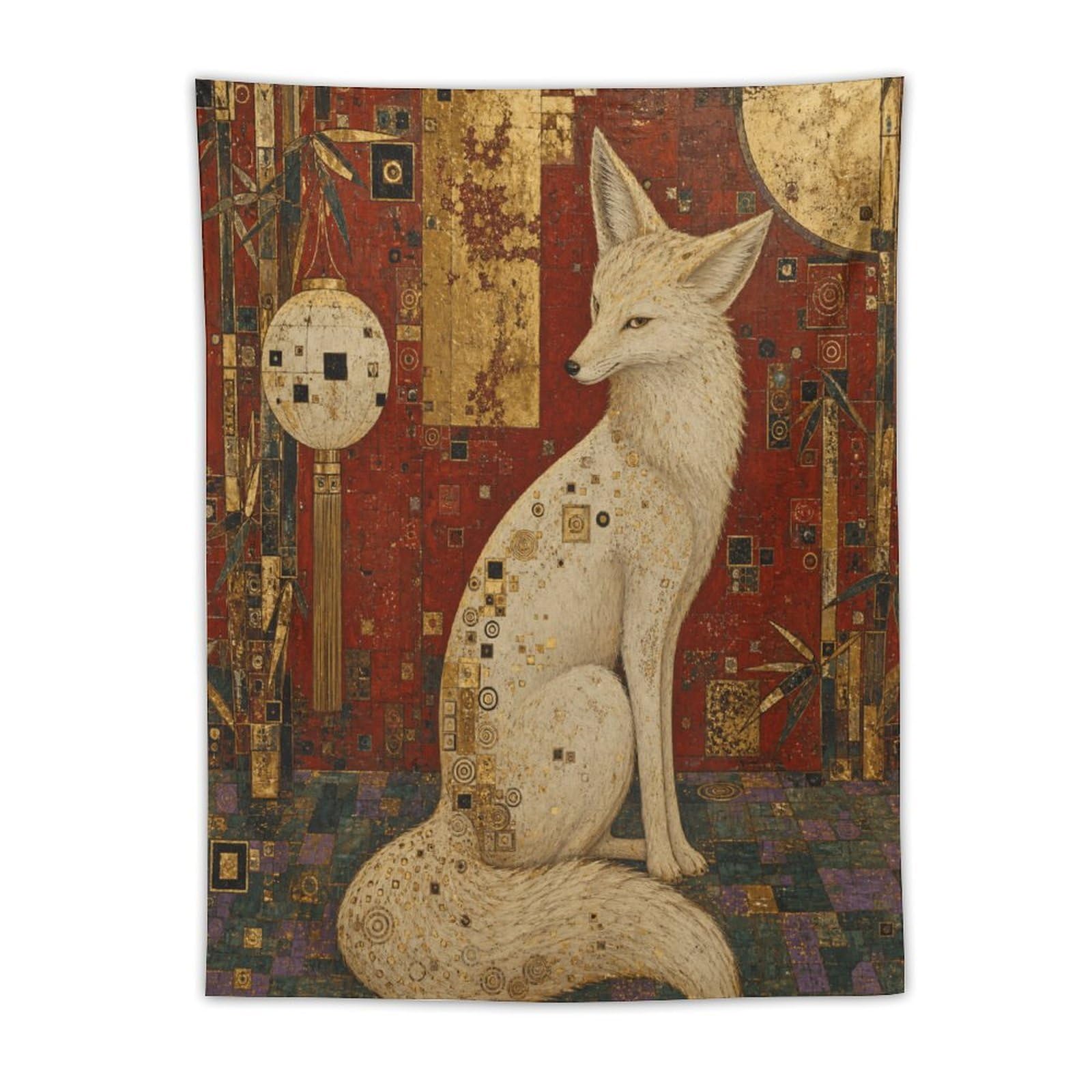 H3B8U2Y5 White fox in Ornate Room Wall Tapestry, Golden Pattern